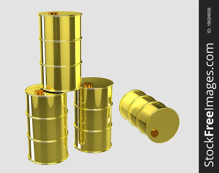 3D rendered gold oil barrels on grey