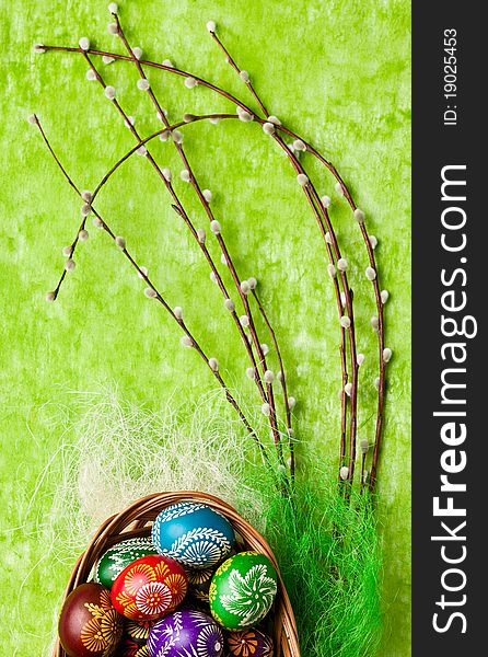 Easter decoration on green background. Easter decoration on green background