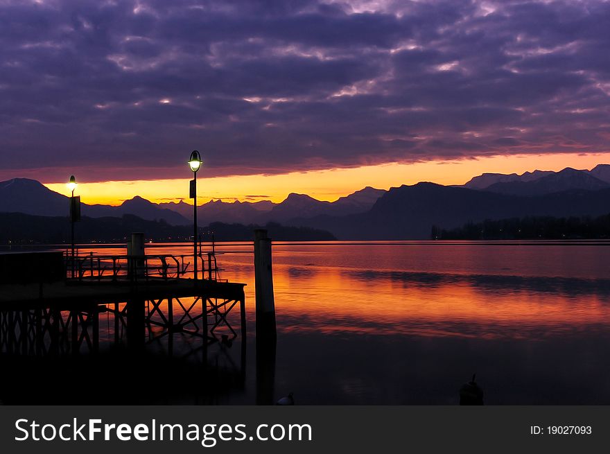 Lake Lucerne after sunset,Swissland