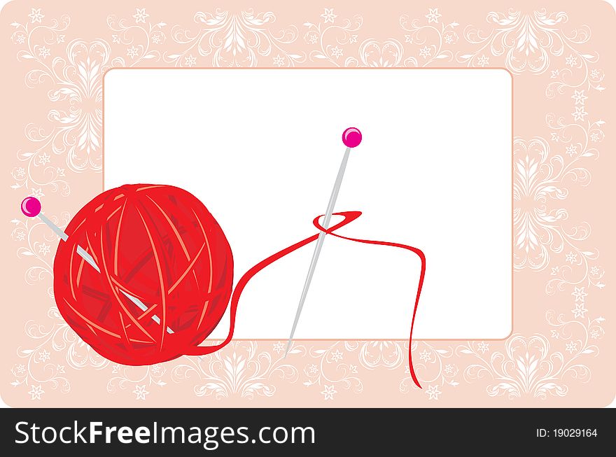 Ball of threads for knitting with spokes on the decorative background. Illustration. Ball of threads for knitting with spokes on the decorative background. Illustration
