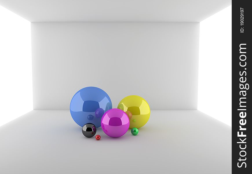 Abstract 3d illustration of spheres in a room