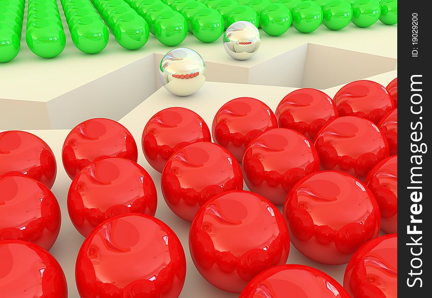 Leadership concept with many green and red spheres