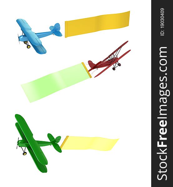 3d render of  three planes with an advertising tape on a white background