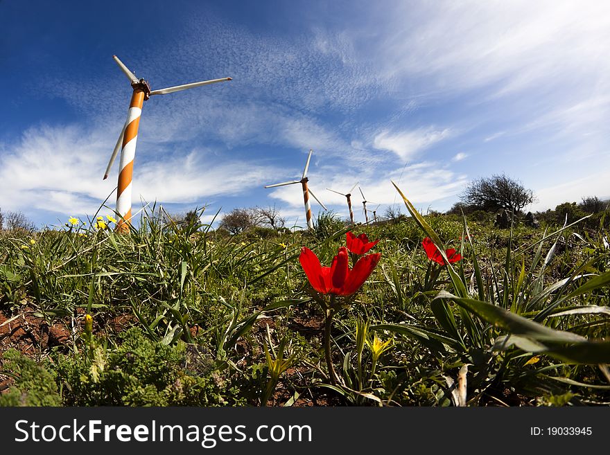 Orange wind turbine with red flowers and blue sky. Orange wind turbine with red flowers and blue sky