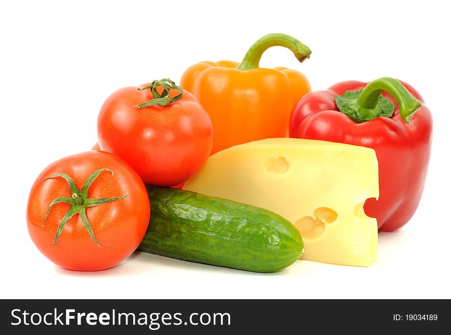 Vegetables and sheese, isolated on a white background. Vegetables and sheese, isolated on a white background