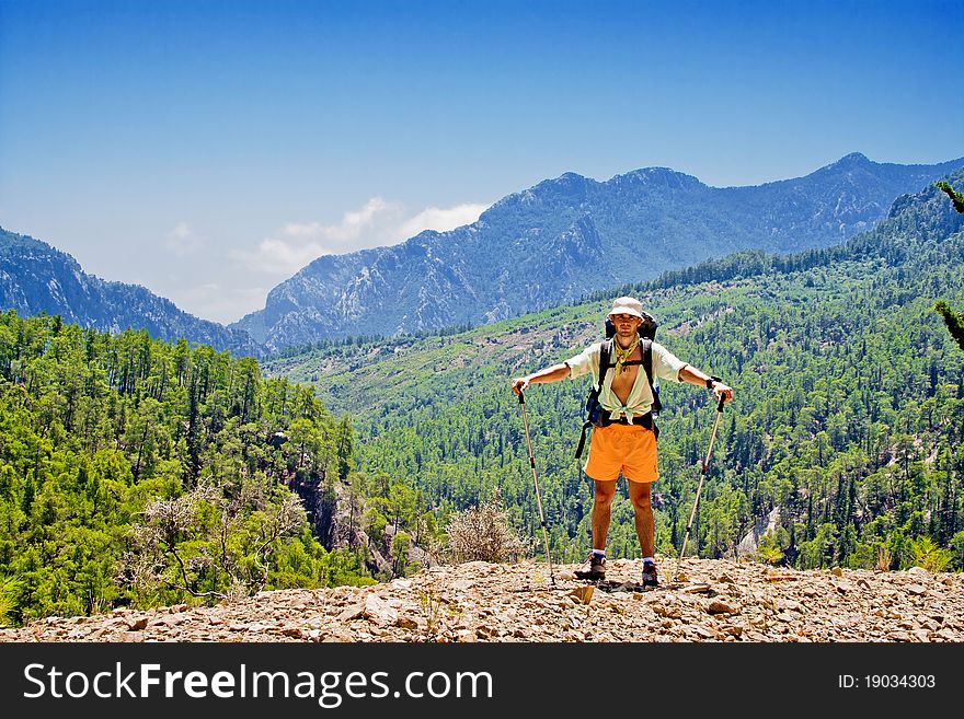 Portrait of hiker standing against the mountains