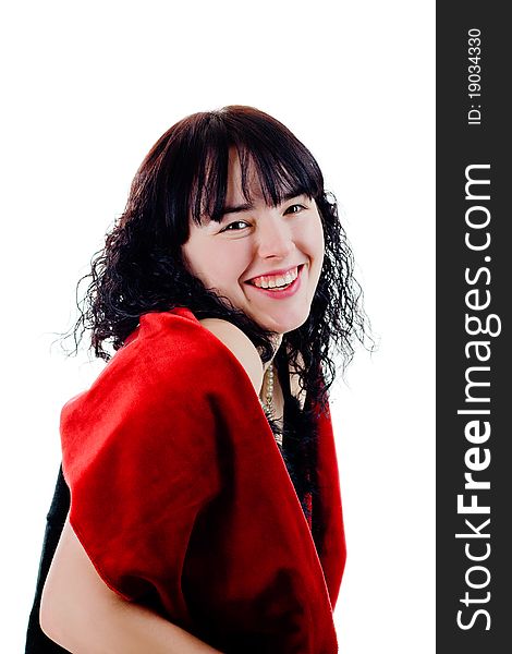 Close-up portrait of a laughing brunette woman. Close-up portrait of a laughing brunette woman