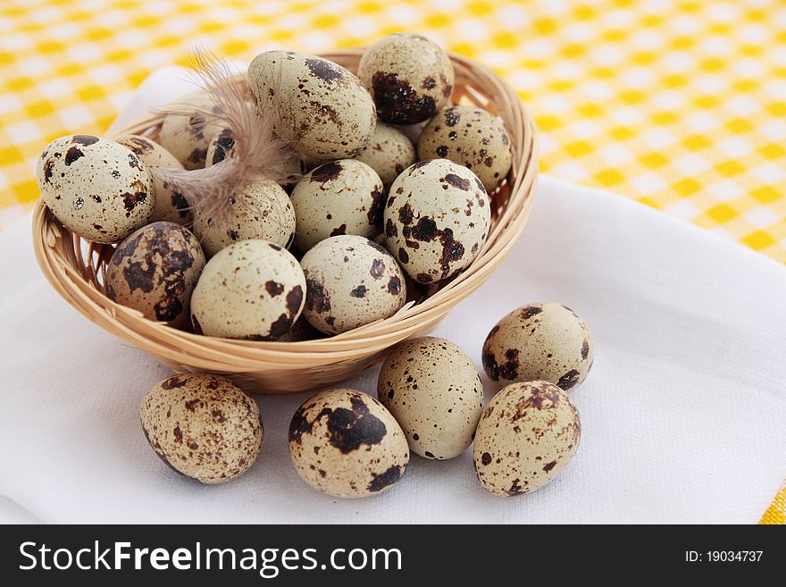 Quail eggs in the basket with the plumelet