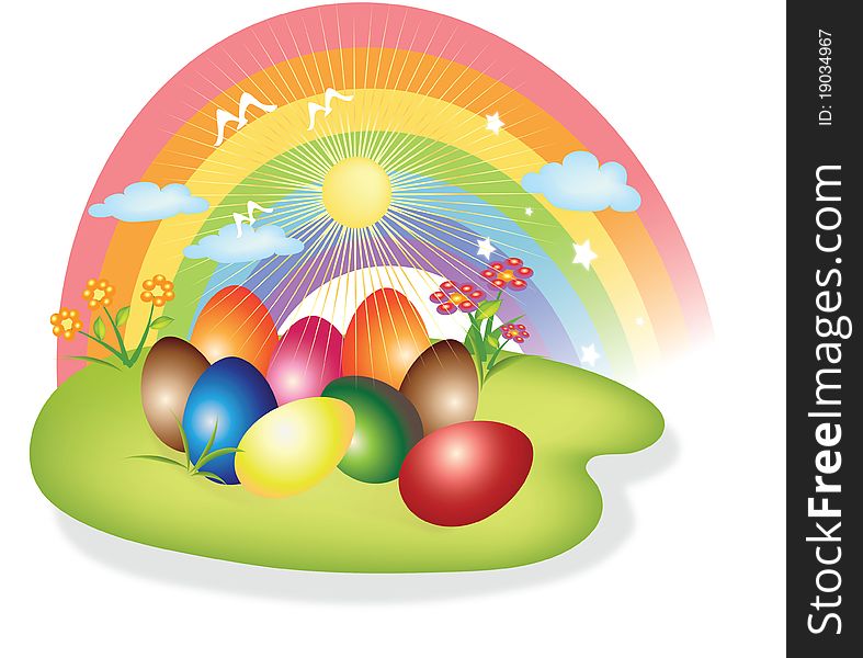 Colorful illustration of painted Easter eggs in a field of grass.