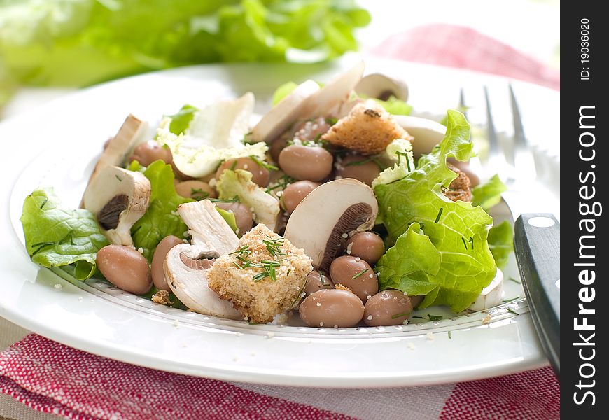 Bean and fresh mushrooms appetizer with crouton