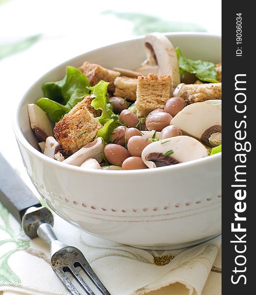 Bean and fresh mushrooms appetizer with lettice and crouton