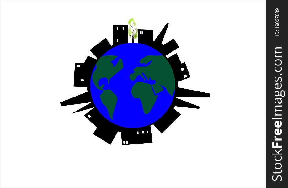 Globe with houses, factories and a green tree. Globe with houses, factories and a green tree.