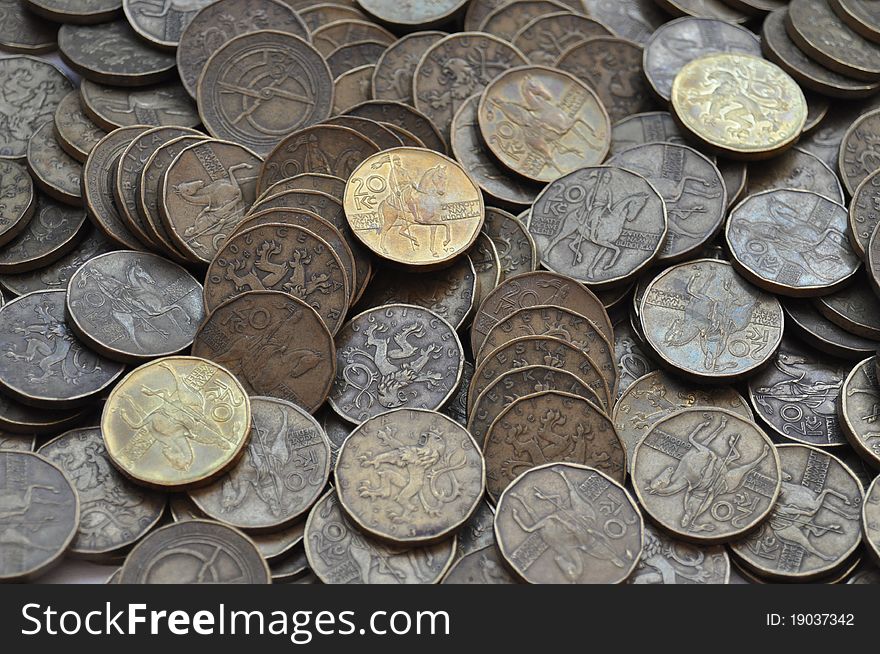 Czech crowns coins - money on a large heap