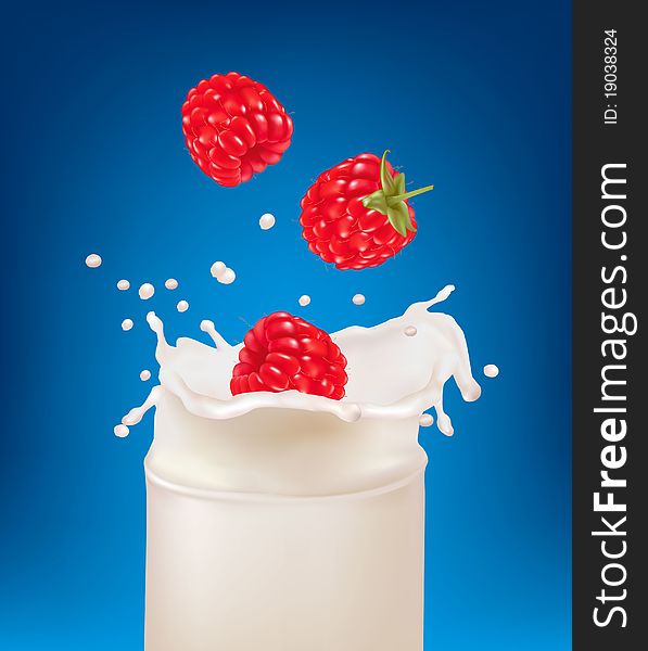 Red raspberry fruits falling into the milk splash