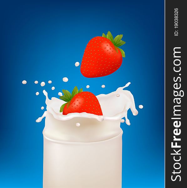 Strawberry fruits falling into the milky splash