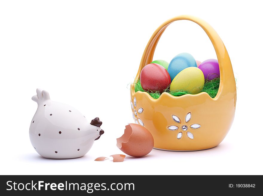 Basket full of Easter eggs with chicken. Basket full of Easter eggs with chicken