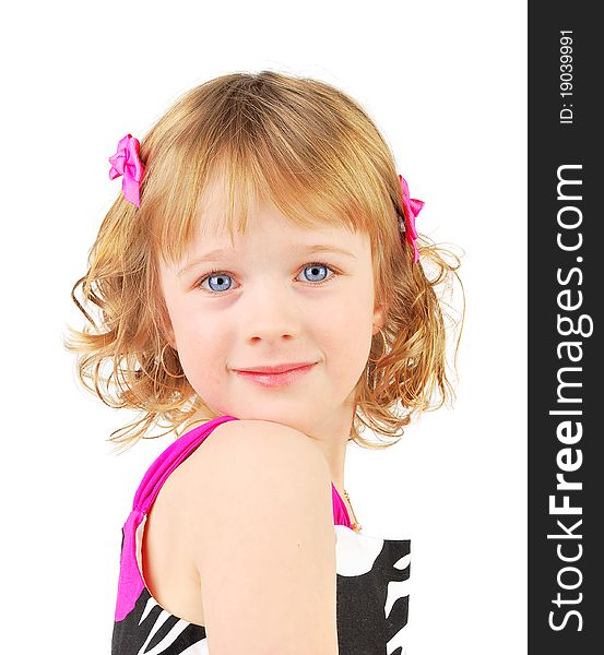 Portrait of a happy little girl on the white background.