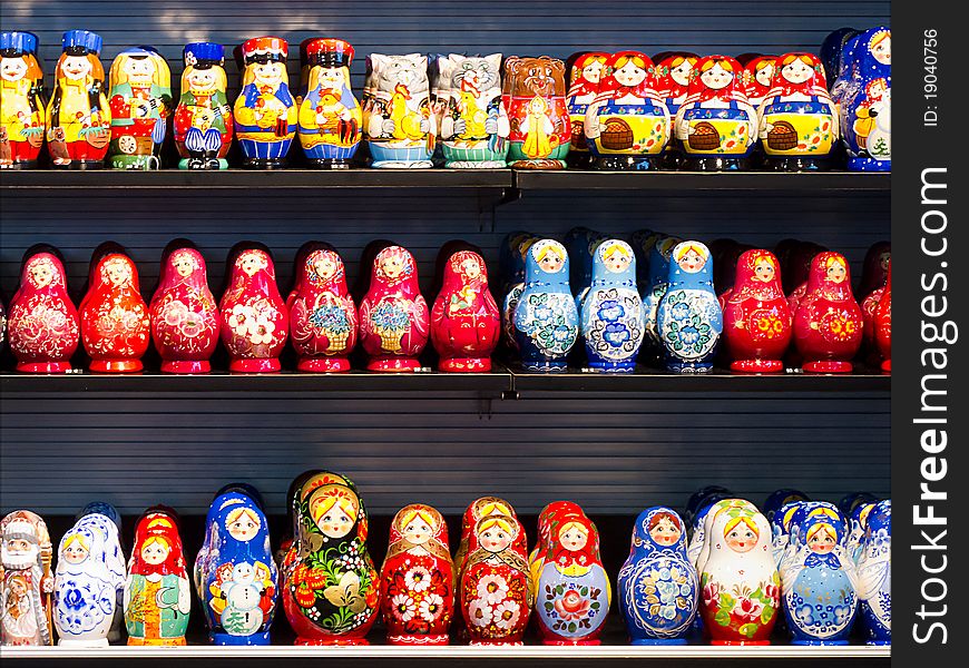 Russian souvenirs on the shelves in the store