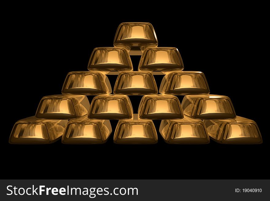 A pyramid of gold bullions on black background