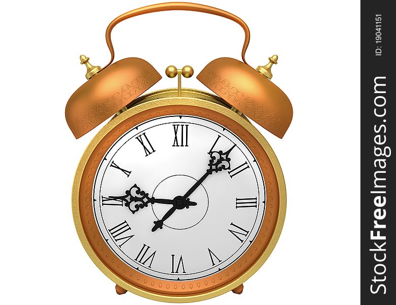 Antiquarian bronze alarm clock with a hand bell isolated on a white background