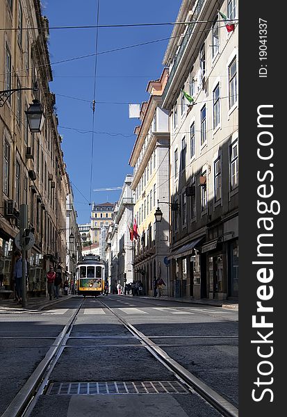 Tram in the Lisbon street. Tram in the Lisbon street