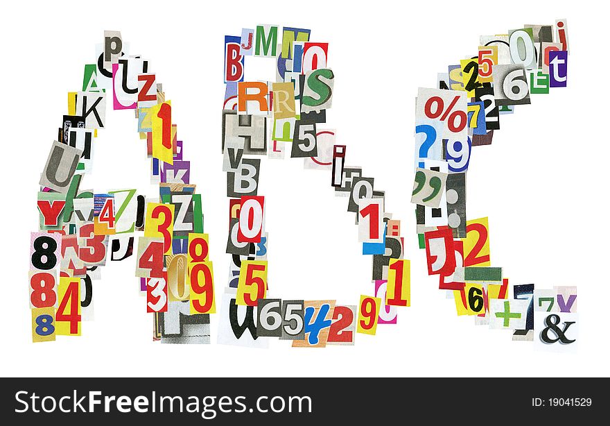 Frame, made of newspaper letters, numbers and punctuation marks, isolated on white. Frame, made of newspaper letters, numbers and punctuation marks, isolated on white