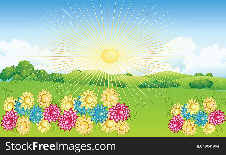 Illustration of summer landscape with sun, hills. Illustration of summer landscape with sun, hills