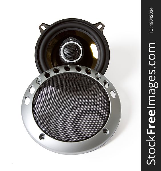 Low frequency loudspeaker on a white background.