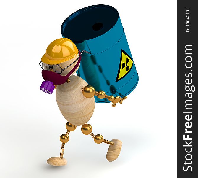 3d wood man with a radioactive waste isolated