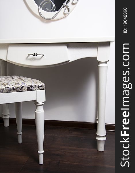 White Table, chair, mirror in ancient, modernist style. White Table, chair, mirror in ancient, modernist style