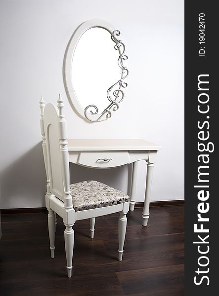 White Table, chair, mirror in ancient, modernist style. White Table, chair, mirror in ancient, modernist style