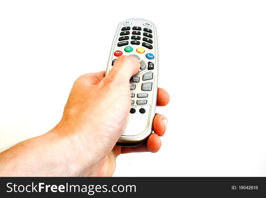 Hand with remote control isolated on white background