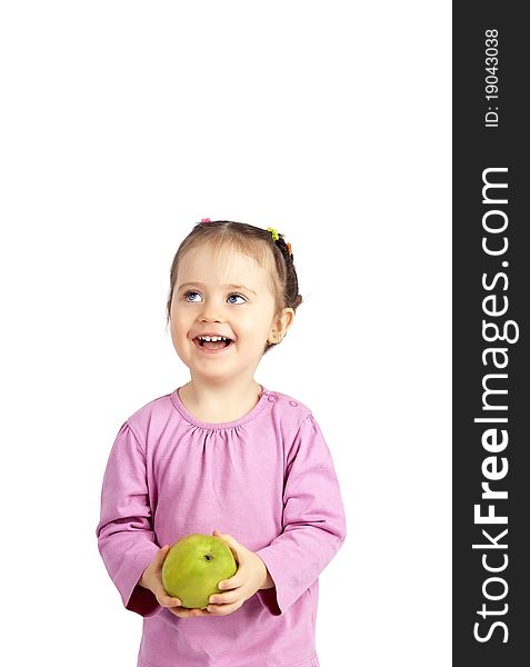 The child with an apple on the isolated white background