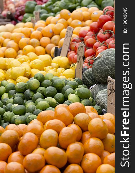 Fruits and vegetables on a street market's table.