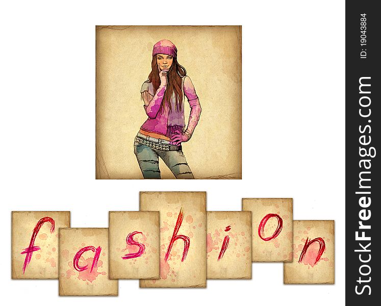 Fashion illustration. Text and drawing of girl