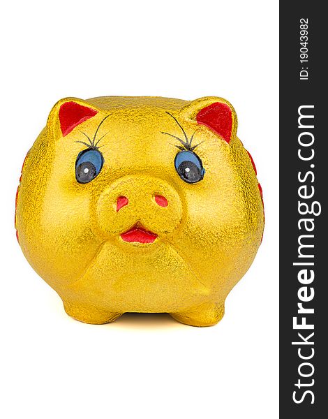 Golden piggy bank isolated on white background.