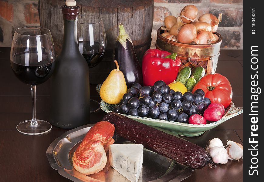 Still Life With Wine And Some Fruits,vegetables,
