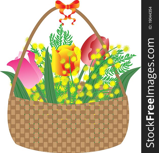 A bouquet of spring flowers in a wicker basket