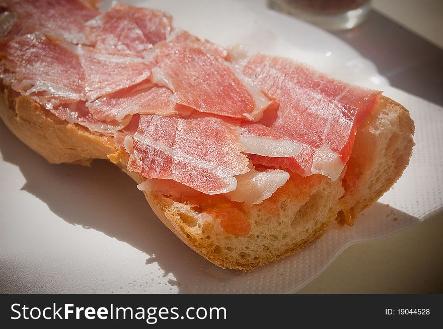 Bread roll of cured ham (jamon serrano). Bread roll of cured ham (jamon serrano)