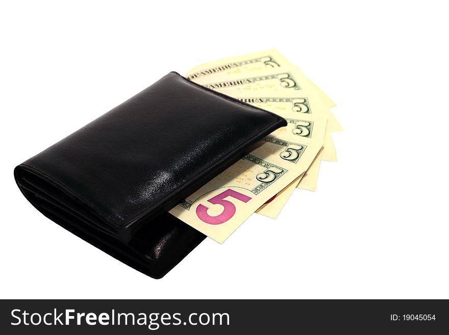 Purse with dollars on white background