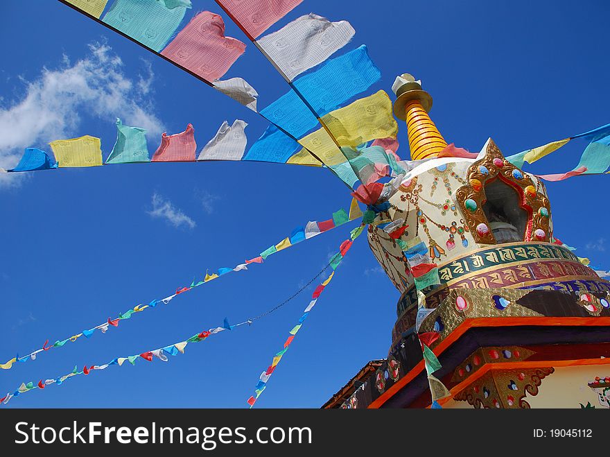 The tower of Tibetan prayer flags in shangri-la