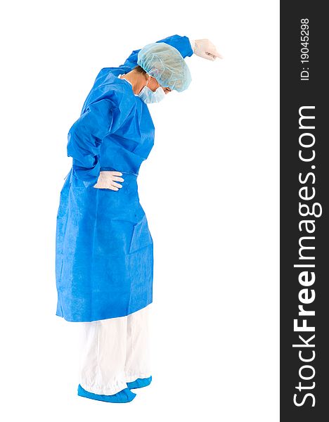 Female surgeon concerned in white background