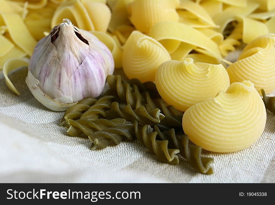 Various types of pasta and garlic