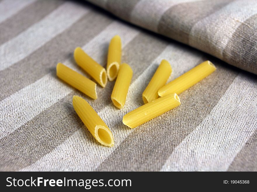 Pasta on the linen tablecloth