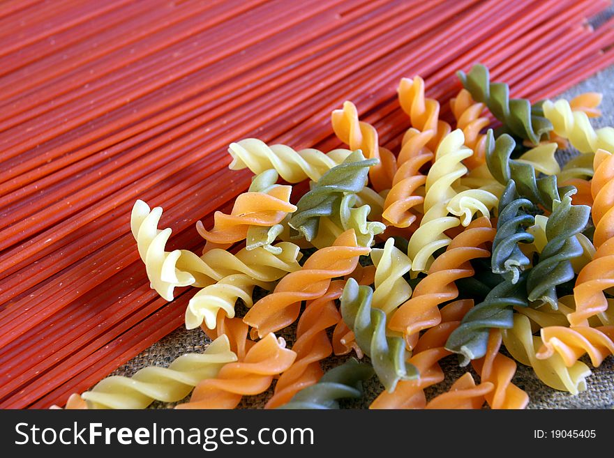 Various types of pasta - spachetti, fusilli. Various types of pasta - spachetti, fusilli