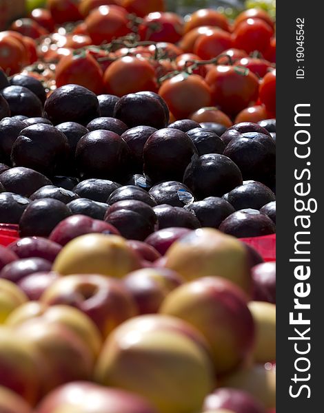 View of fruits and vegetables on a street market's table.