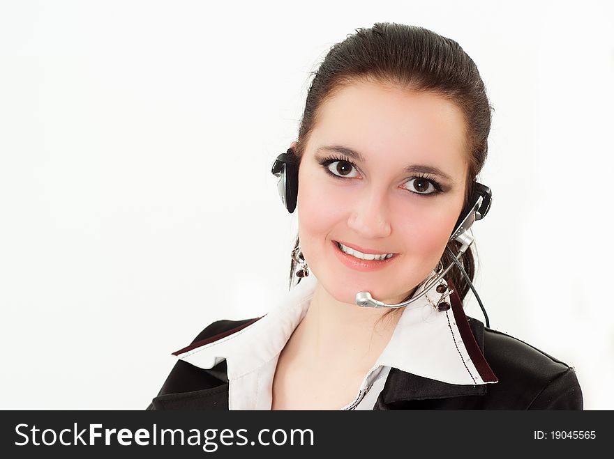 Beautiful girl in a black business suit with a white background