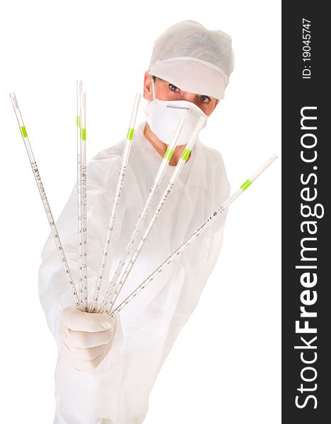 Doctor with mask holding sticks in white background