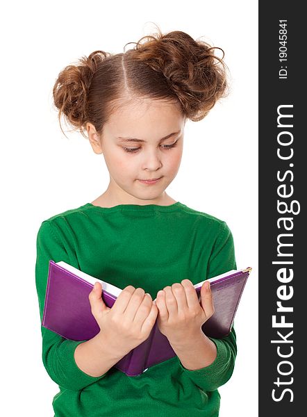 Interested girl reading book; isolated