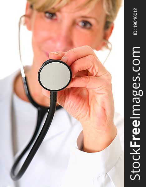 Female doctor with stethoscope in white background